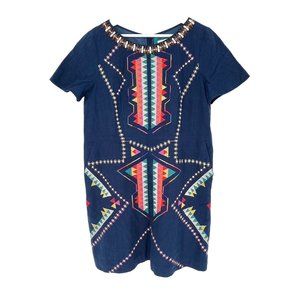 Maeve Embroidered Beaded Shift Dress Size 12 Blue Colorful S/S Pockets Tribal
